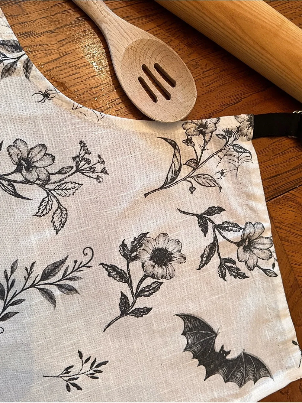 Halloween Spooky Botanical & Bat Apron Cream Black Goth Fall Cooking
